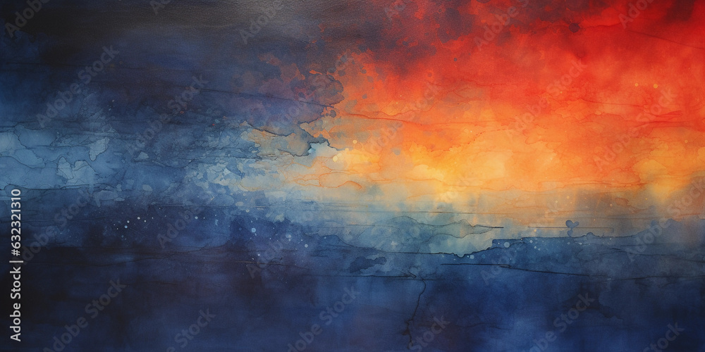 abstract watercolor painting portraying a vibrant summer sunset, with intense orange and red hues blending into the dark indigo of the night sky, wet on wet technique, in a square format