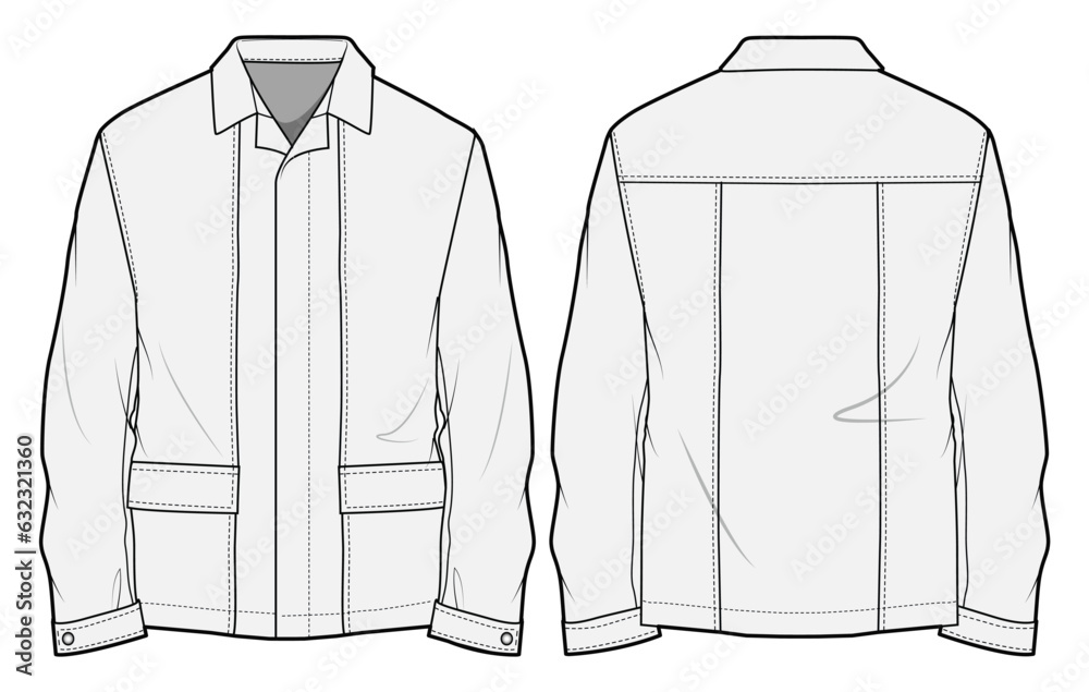 Shirt Jacket Front and Back View. Fashion Flat Sketch Vector ...