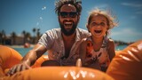 Father and daughter having fun on the beach while floating on airbed. Generative AI