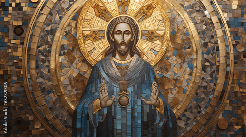 Fotografia Byzantine mosaic art piece, shimmering gold tiles creating a religious icon, foc