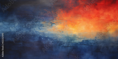 abstract watercolor painting portraying a vibrant summer sunset, with intense orange and red hues blending into the dark indigo of the night sky, wet on wet technique, in a square format
