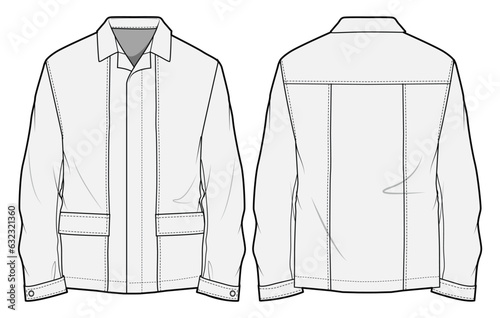 Shirt Jacket Front and Back View. Fashion Flat Sketch Vector Illustration, CAD, Technical Drawing, Flat Drawing, Template, Mockup.