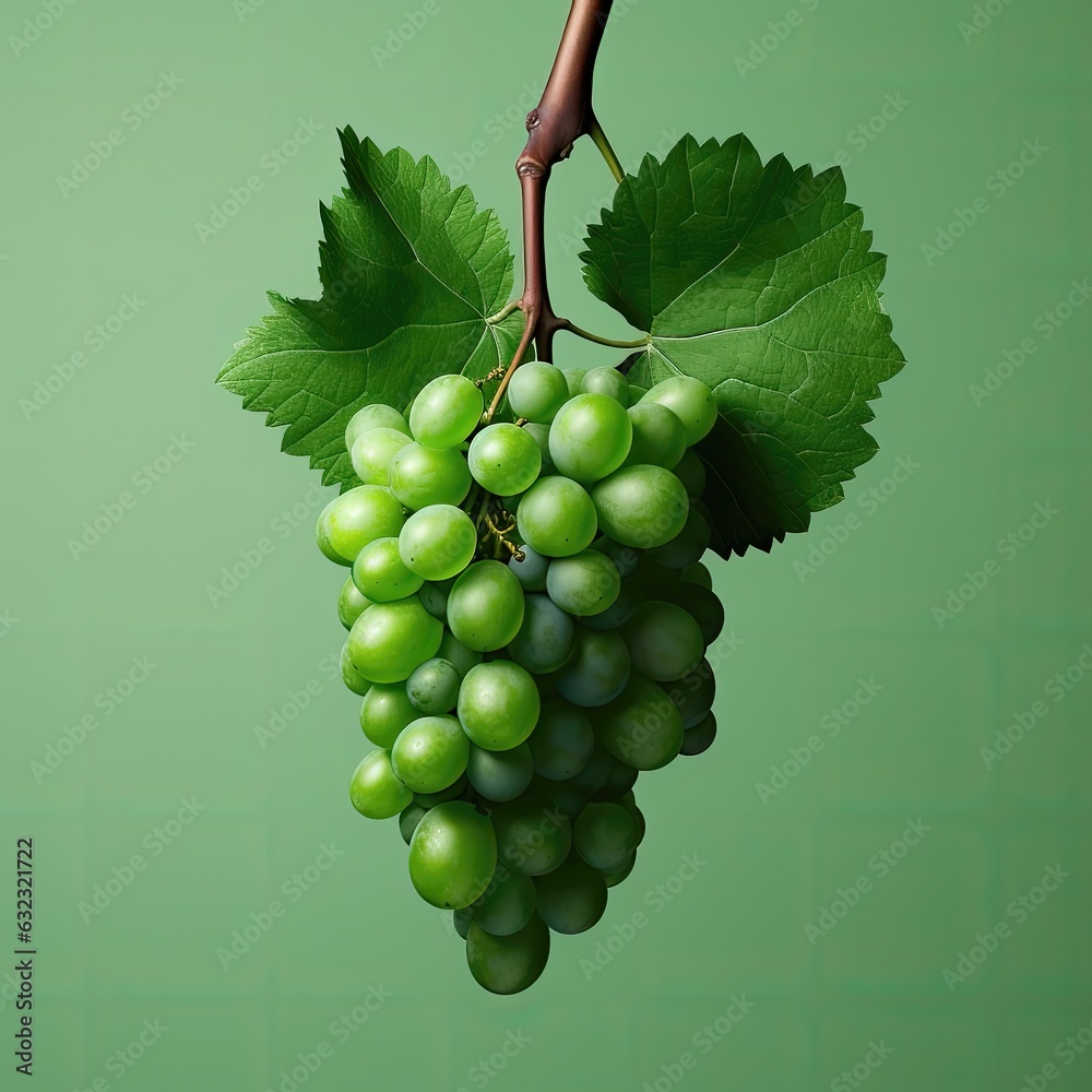 Obraz premium Grapes with leaves on a green background. Vector illustration