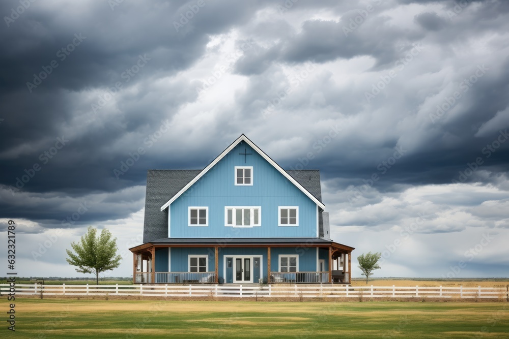 A bright and immaculate barn style house stands beneath an overcast sky that is tinted in a soft shade of blue. A bright and immaculate barn style house stands beneath an overcast sky that is tinted in a soft shade of blue.