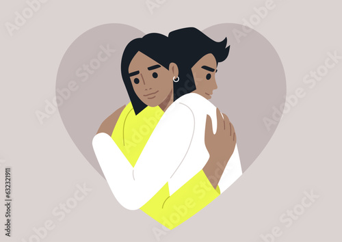 Two characters come together in a warm embrace framed with a heart shape, a gesture of deep love and affection for each other
