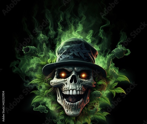 Skull with bucket hat and ganja leaves. Generative AI photo