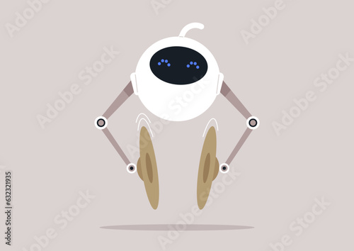 A funny robot enthusiastically makes loud sounds by clashing its brass cymbals together with an unabashed and attention-grabbing enthusiasm