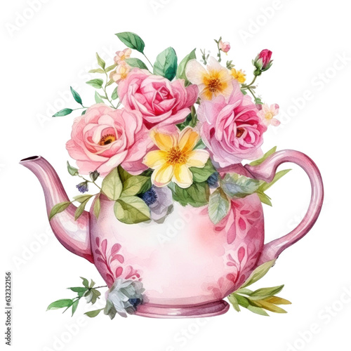 Watercolor teapot with flowers isolated