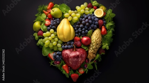Heart shape made of Fruits and Vegetables.  Healthy food concept. banner copy space  ai generative