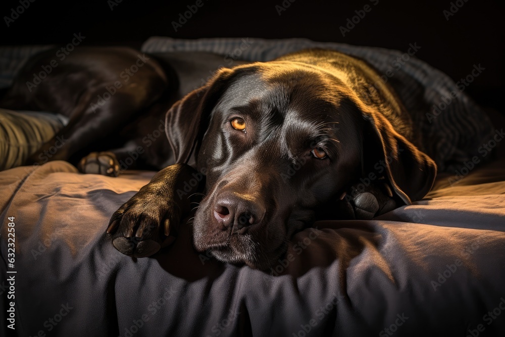 A brightly lit photograph capturing a black Labrador resting on a bed, basking in the warm sunlight.