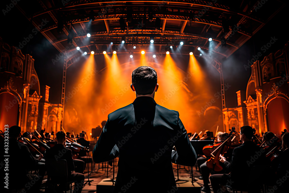 Conductor Directing Symphony Orchestra with Performers Playing Violins, Cello and Trumpet on Classic Theatre with Curtain Stage During Music Concert