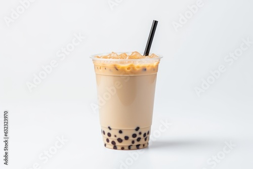 bubble tea para anuncio con fondo claro, mockup packaging té oolong, frappuccino con bolas de tapioca, bebida coreana  photo