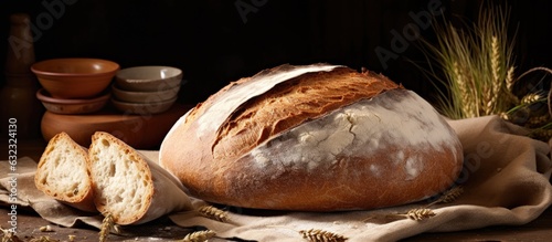 Fresh sourdough bread, made at home, displayed on a rustic background with space for text