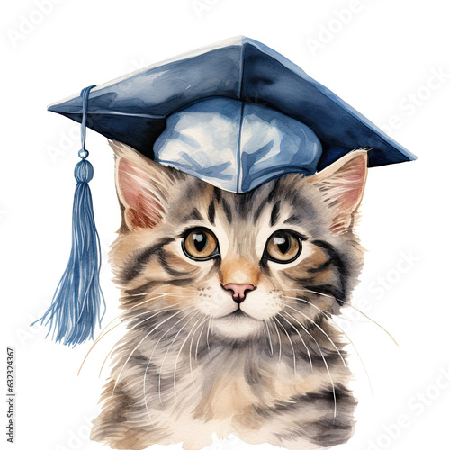 Cute watercolor cat in graduarion cap isolated