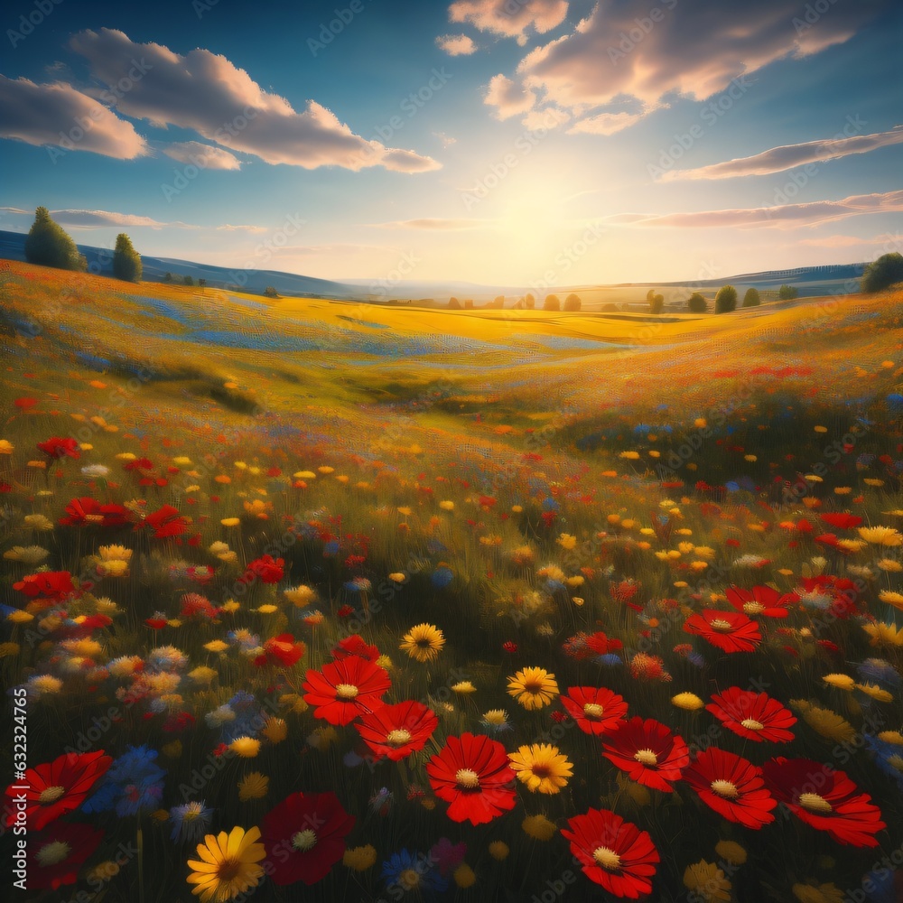 Fototapeta premium sunset in the flower meadow