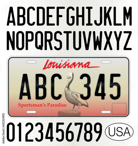 Tela Louisiana State car license plate pattern, letters, numbers and symbols, vector