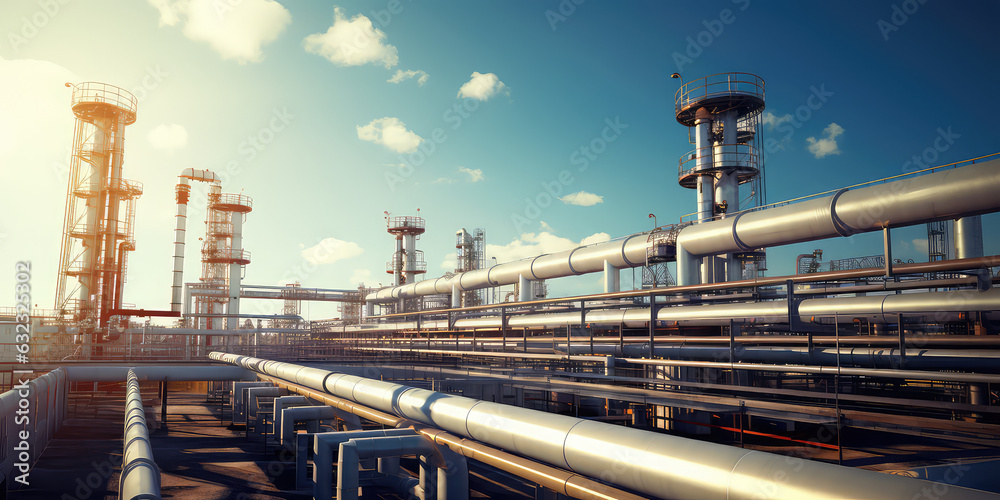Industrial metal pipeline, oil and gas factory outside view in sunny day, blue sky. Industrial factory wallpaper.