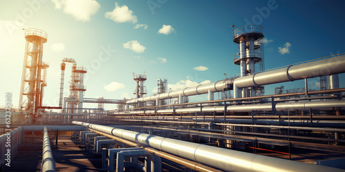 Industrial metal pipeline, oil and gas factory outside view in sunny day, blue sky. Industrial factory wallpaper. © SnowElf