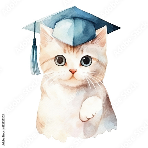 Cute watercolor cat in graduarion cap isolated