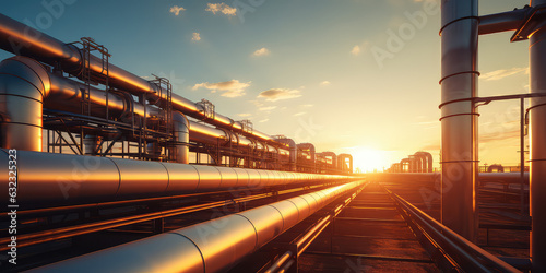 Industrial metal pipeline, oil and gas factory outside view in sunny day, blue sky. Evening sunset. Industrial factory wallpaper.