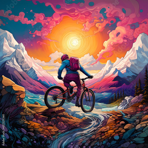 Illustration of a person on a push bike in a sureal landscape at sunset with sharp mountains in the distance