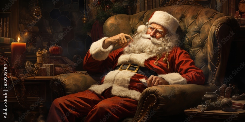 Santa Claus rests in his favorite armchair, generative AI