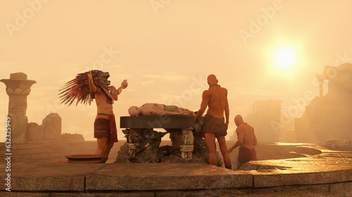 ancient Mayan tribe , priest brings human sacrifices 3d render