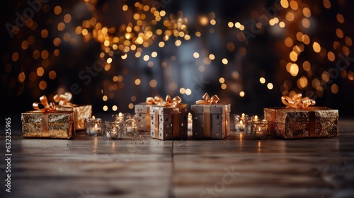 Christmas Presents Isolated on a Bokeh Background  Christmas Gifts Isolated on a Bokeh Dark background  Christmas Patterned Gift Box. Happy New Year. Merry Christmas. Background with a copy space.