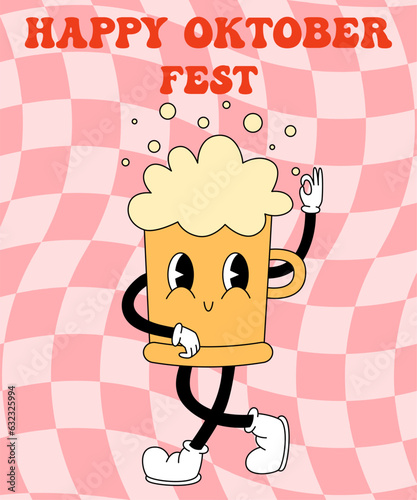 Oktoberfest groovy 70s, 80s poster, retro print with hippie beer mug. Cartoon psychedelic landscape, vintage funky print. Fanny template for menu, card, print. It's beer time.