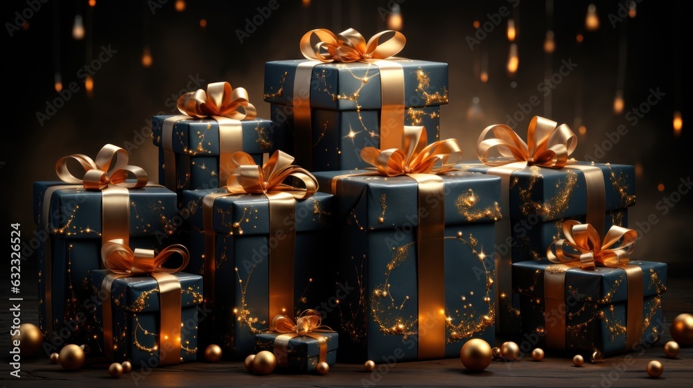 Gift boxes with golden ribbons on dark background with bokeh