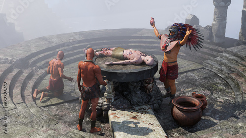 Fotografie ancient Mayan tribe , priest brings human sacrifices 3d render