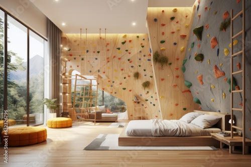 Dormitorio hotel temático con rocódromo, habitación estilo nórdico con pared para hacer escalada, zona de juegos para adultos, gimnasio nórdico en casa photo