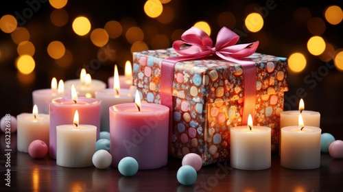 Christmas Presents Isolated on a Bokeh Background  Christmas Gifts Isolated on a Bokeh Dark background  Christmas Patterned Gift Box. Happy New Year. Merry Christmas. Background with a copy space.