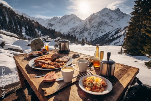 Desayuno romántico en la nieve, vistas a la montaña nevada con comida, camping en la naturaleza, hotel estación de esquí desayuno con vistas photo