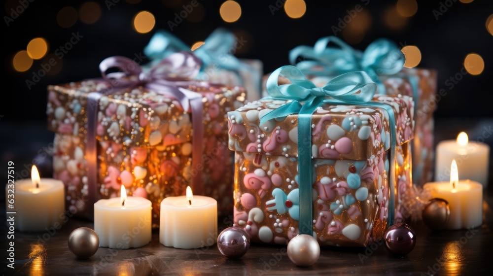 Christmas Presents Isolated on a Bokeh Dark background, Christmas Gifts Isolated on a Bokeh Dark background, Christmas Patterned Gift Box. Happy New Year. Merry Christmas. Background with a copy space