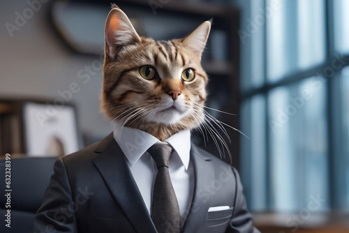 Serious cat in a business suit in the office
