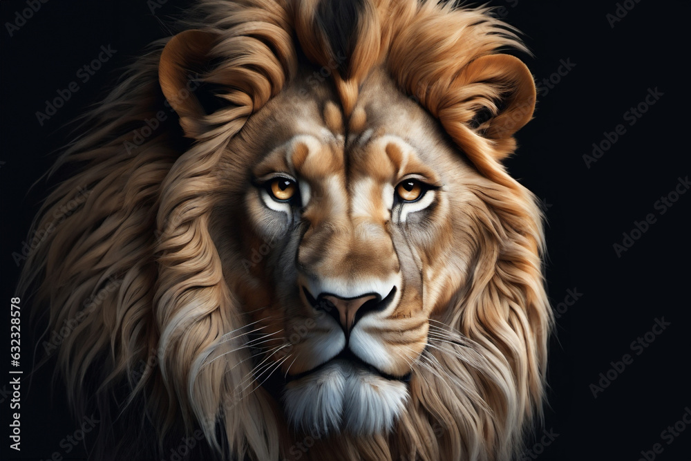 Portrait of a beautiful lion, lion in the dark.