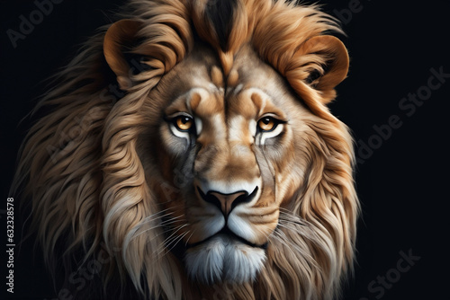 Portrait of a beautiful lion, lion in the dark.