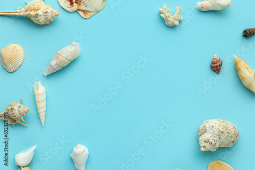 Frame made of different seashells on blue background