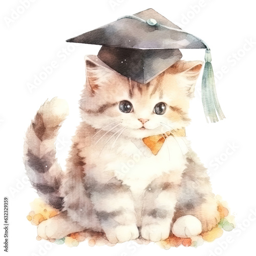 Cute watercolor cat in graduarion cap isolated