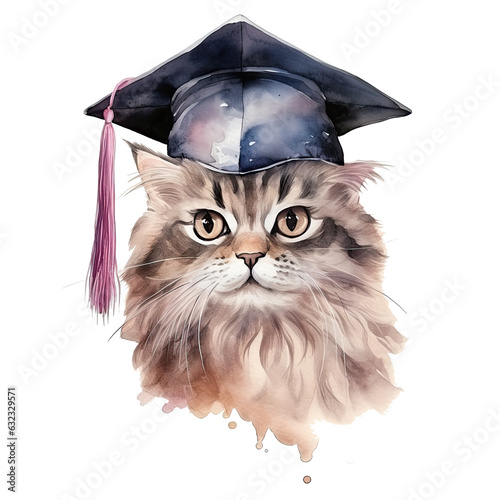 Cute watercolor cat in graduarion cap isolated