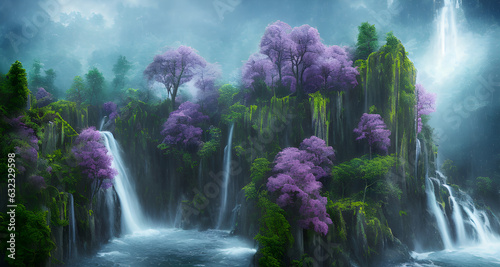 waterfall in the forest  purple trees landscape  purple trees  tropical forest  rainforest. AI generated