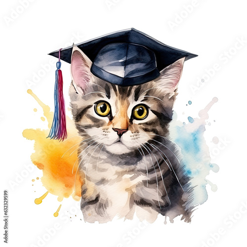 Cute watercolor cat in graduarion cap isolated