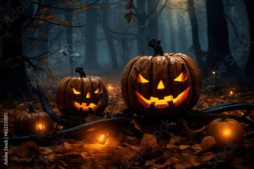 Illustration of glowing halloween pumpkins in dark forest © Alina