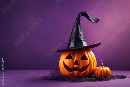 Halloween pumpkin in witches hat on violet background