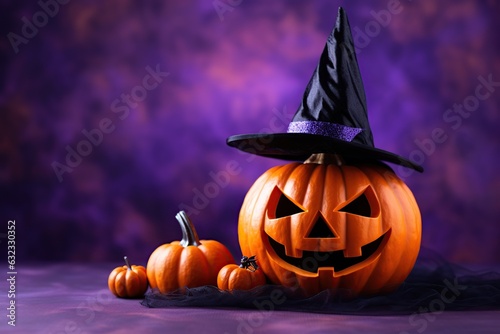 Halloween pumpkin in witches hat on violet background