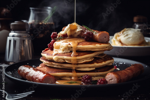 a closeup of pancakes with sausage, AI generated, Generative AI, AI Art, illustration,