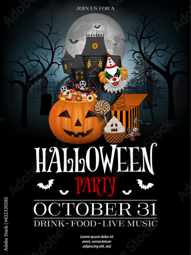 Halloween poster with pumpkin bucket and haunted house 