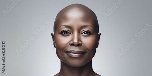 A beautiful bald woman undergoing chemotherapy in the prevention and treatment of breast cancer.