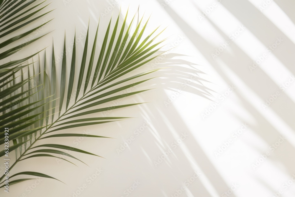 Fototapeta premium Light empty wall background with palm leaves and soft shadow. Surface with copy space minimal summer texture. Nature concept